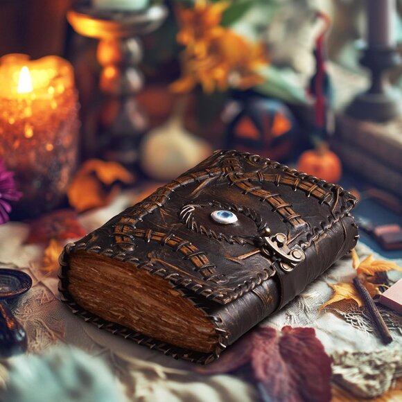 Vintage Spell Book Leather Bound Journal 7”X5” | 200 Pages |Brown| Blank Deckle - Picture 5 of 7